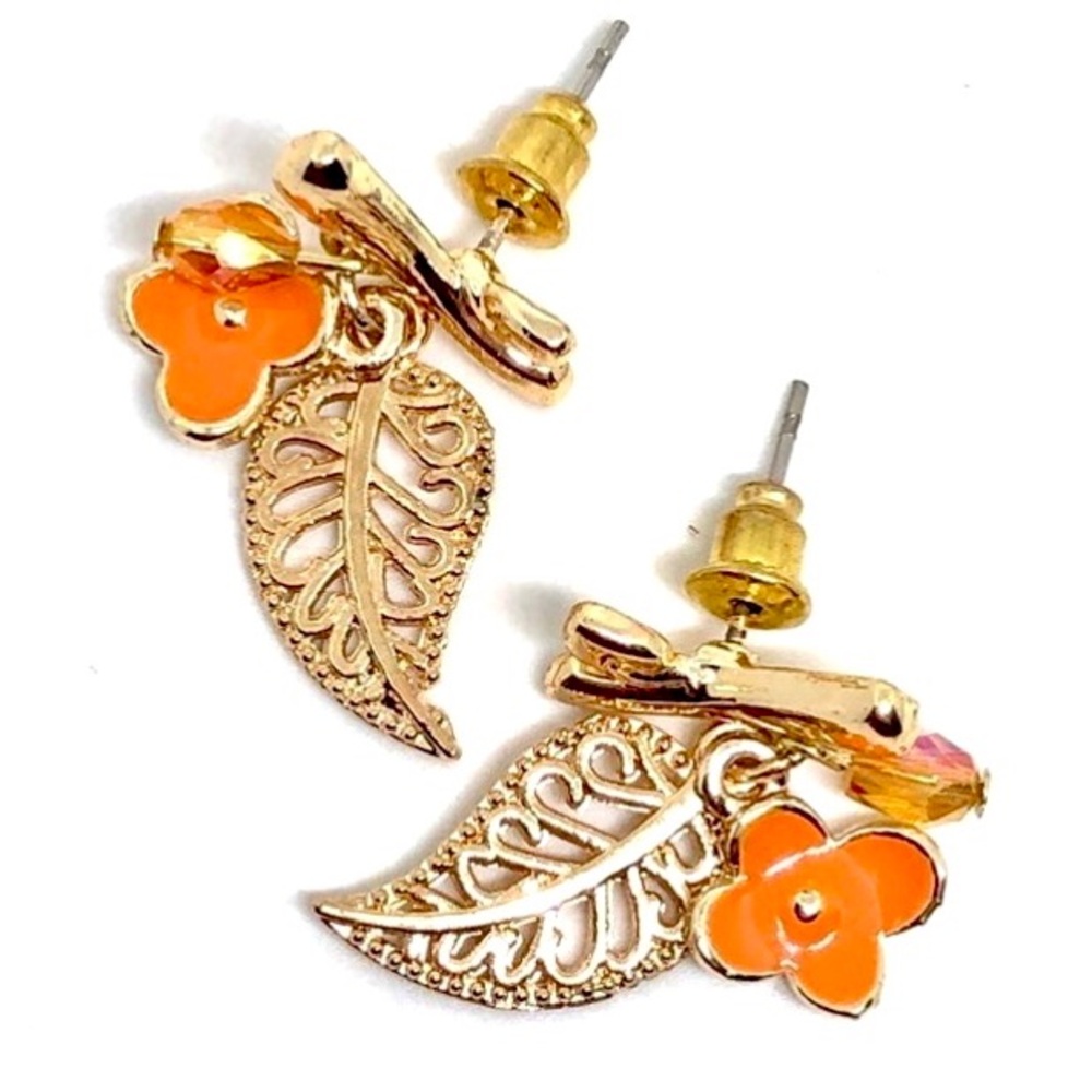 Orange Enamel Flower on Branch with Gold Filigree Leaf and Crystal Post Earrings - Picture 2 of 3